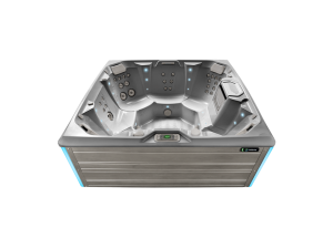 hot spring pulse hot tub in stock with platinum shell and gray cabinet