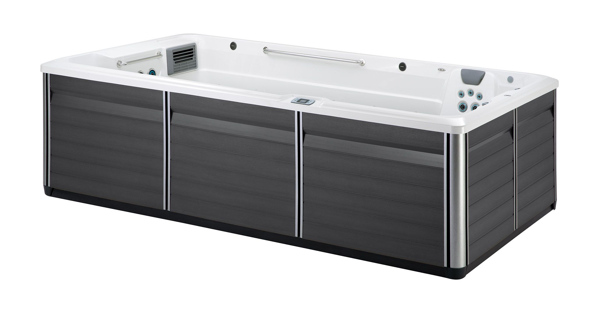 endless pools R500 swim spa side view with mocha cabinet and white shell