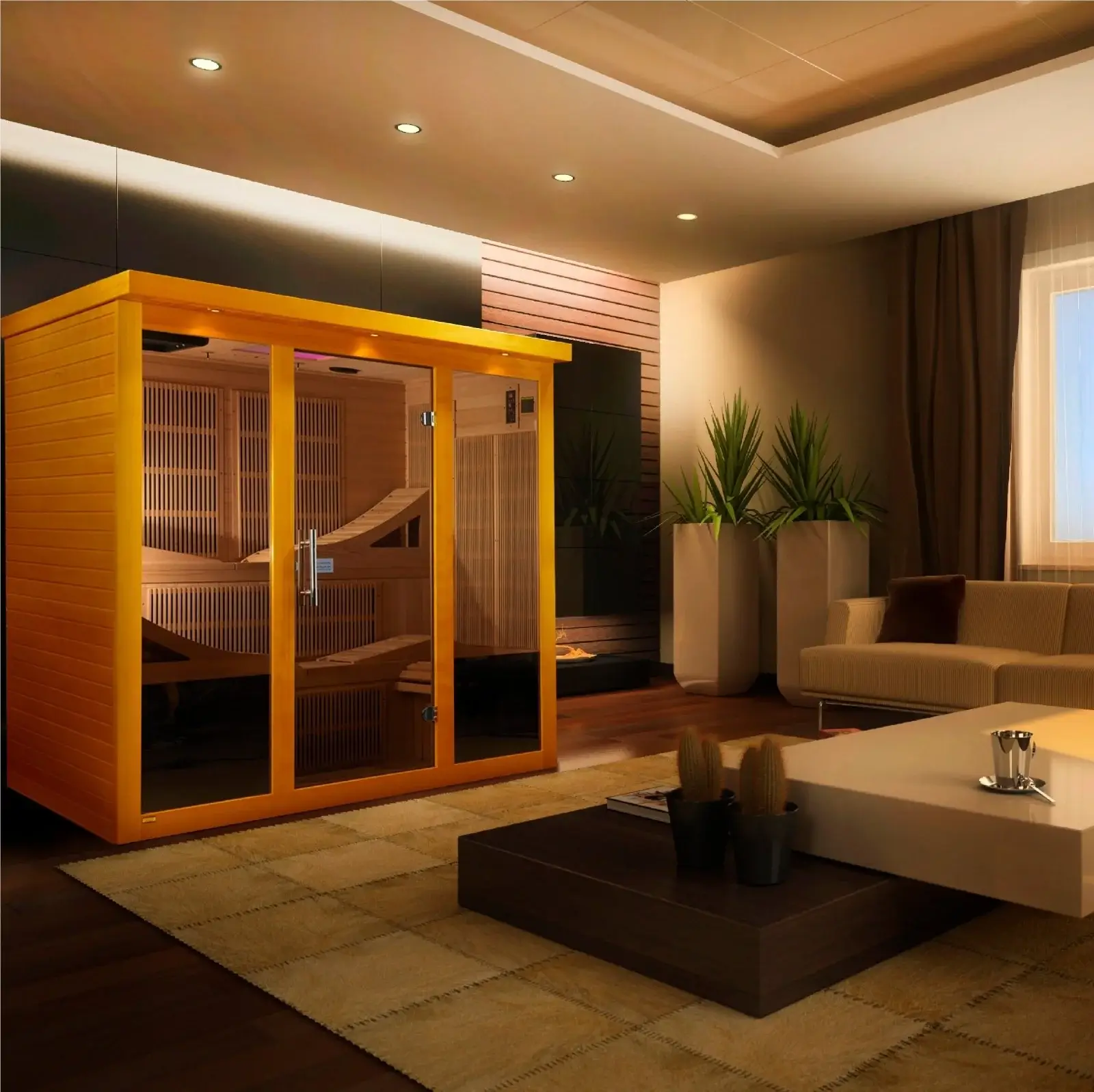Golden Designs Dynamic Monaco infrared sauna installed in a modern living room